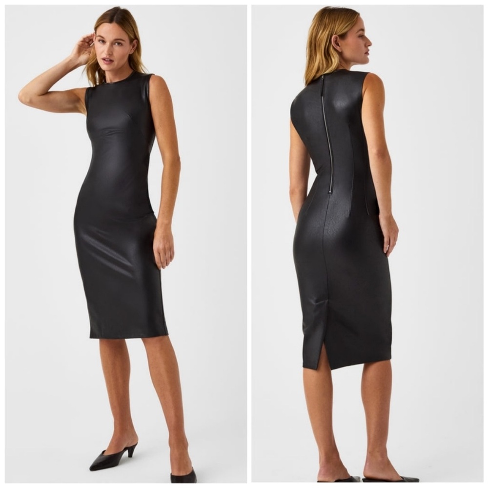 Spanx Leather-Like Sleeveless Sheath Fitted Dress Luxe Black 20392R XL NWT